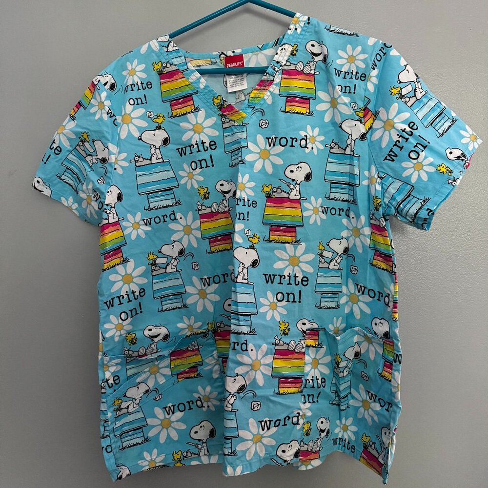 Peanuts Snoopy Woodstock Scrub Top Blue XL